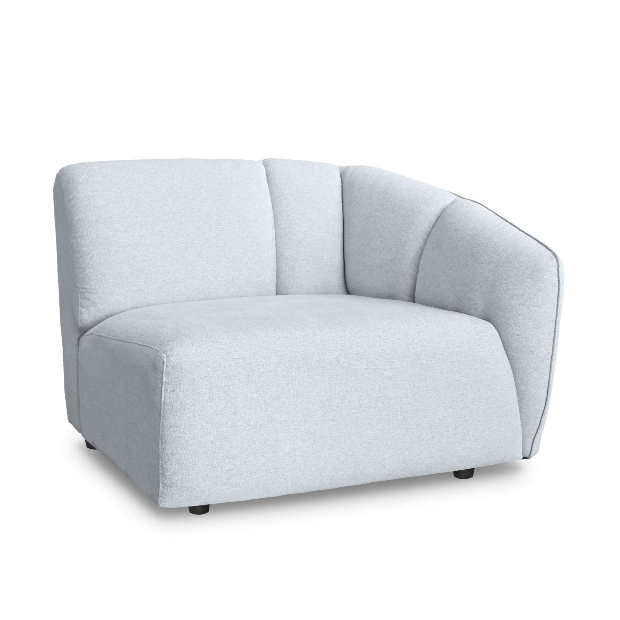 Studio views of individual Lotus modular sectional components, including corner chairs, armless units, and rounded "cuddle" end pieces in light grey textured fabric, available for custom configurations in Edmonton, Alberta.