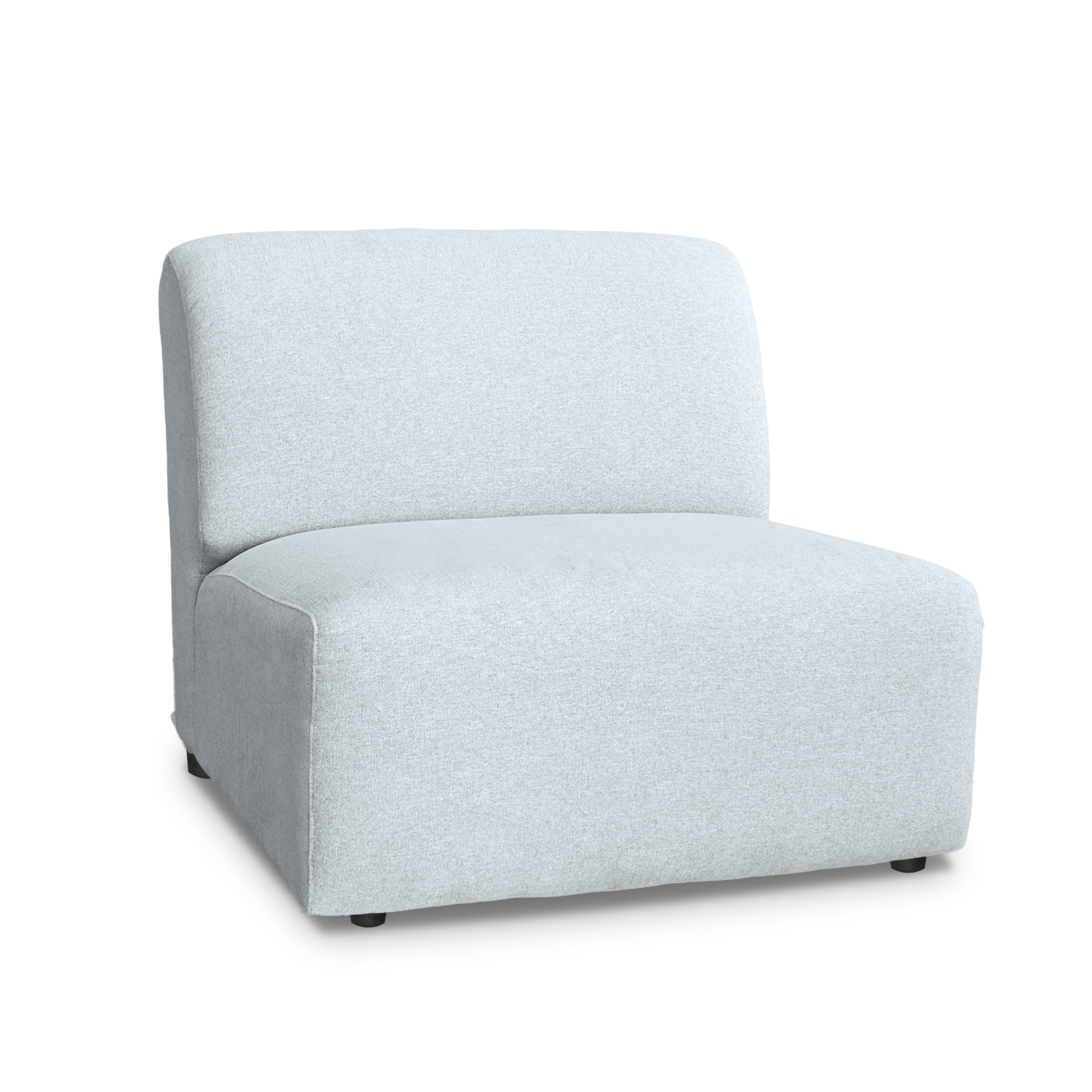 Front and perspective studio views of a modular armless chair component upholstered in premium light grey textured fabric, featuring a deep seat and clean minimalist lines, available for custom configurations in Edmonton, Alberta.