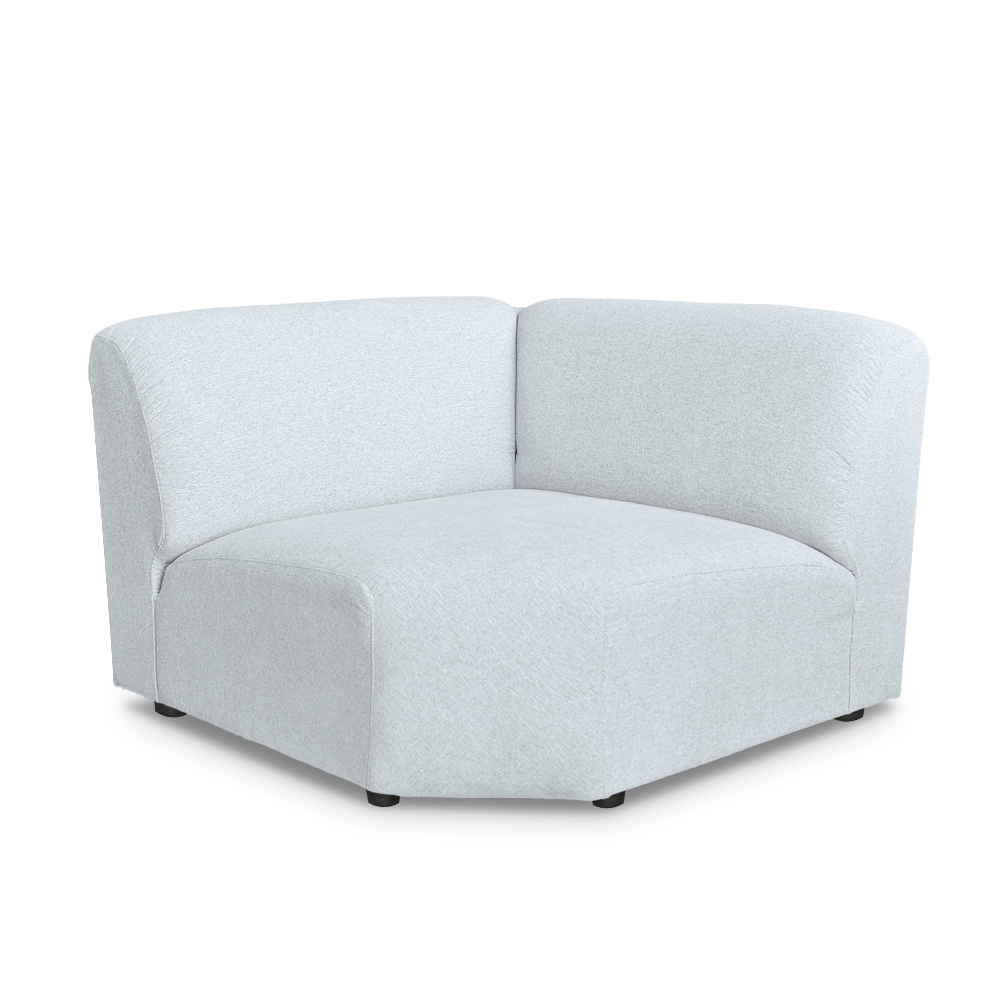 Detailed studio views of premium modular sectional components, featuring a single corner unit and a wide-angled corner chair in light grey textured fabric, available for custom configurations in Edmonton, Alberta.