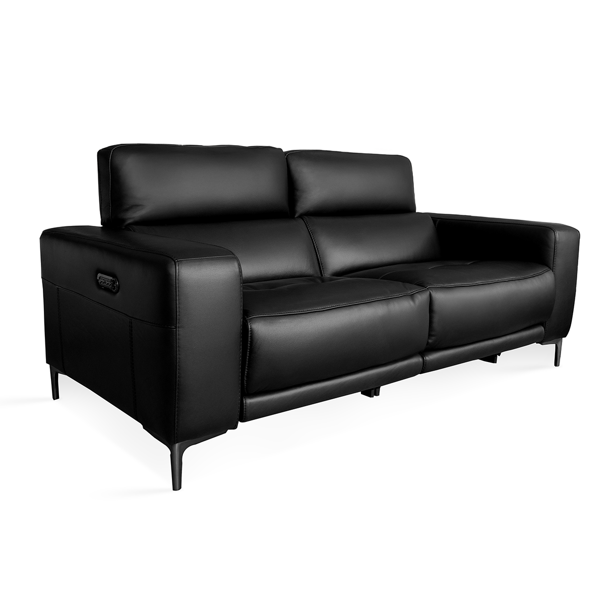 Perspective view of a high-end, two-seater power reclining sofa upholstered in 100% black top grain leather with sleek metal legs and integrated side controls, available in Edmonton, Alberta.
