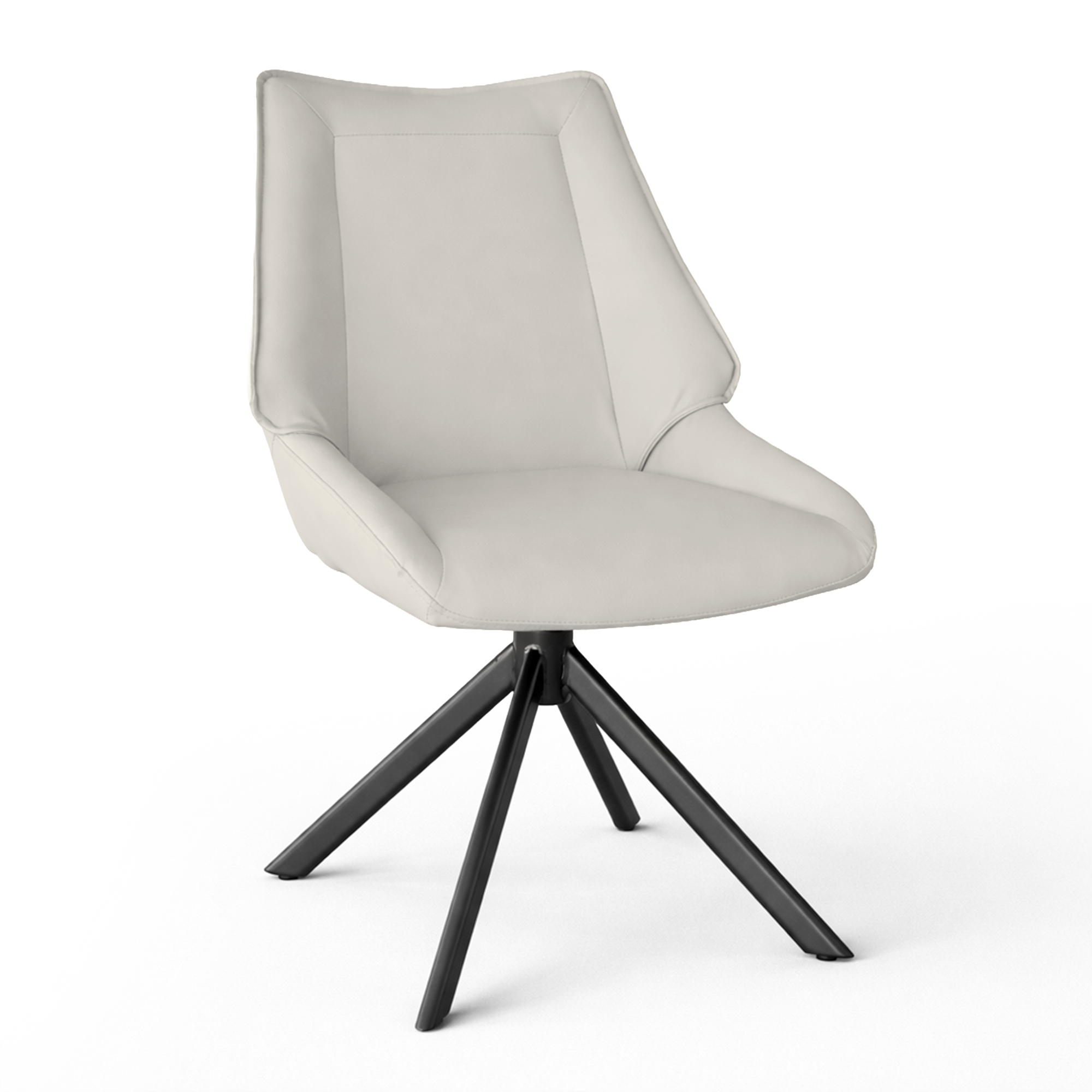 Light grey PU polyurethane dining chair with black powder-coated metal splayed legs and contemporary ergonomic winged backrest.