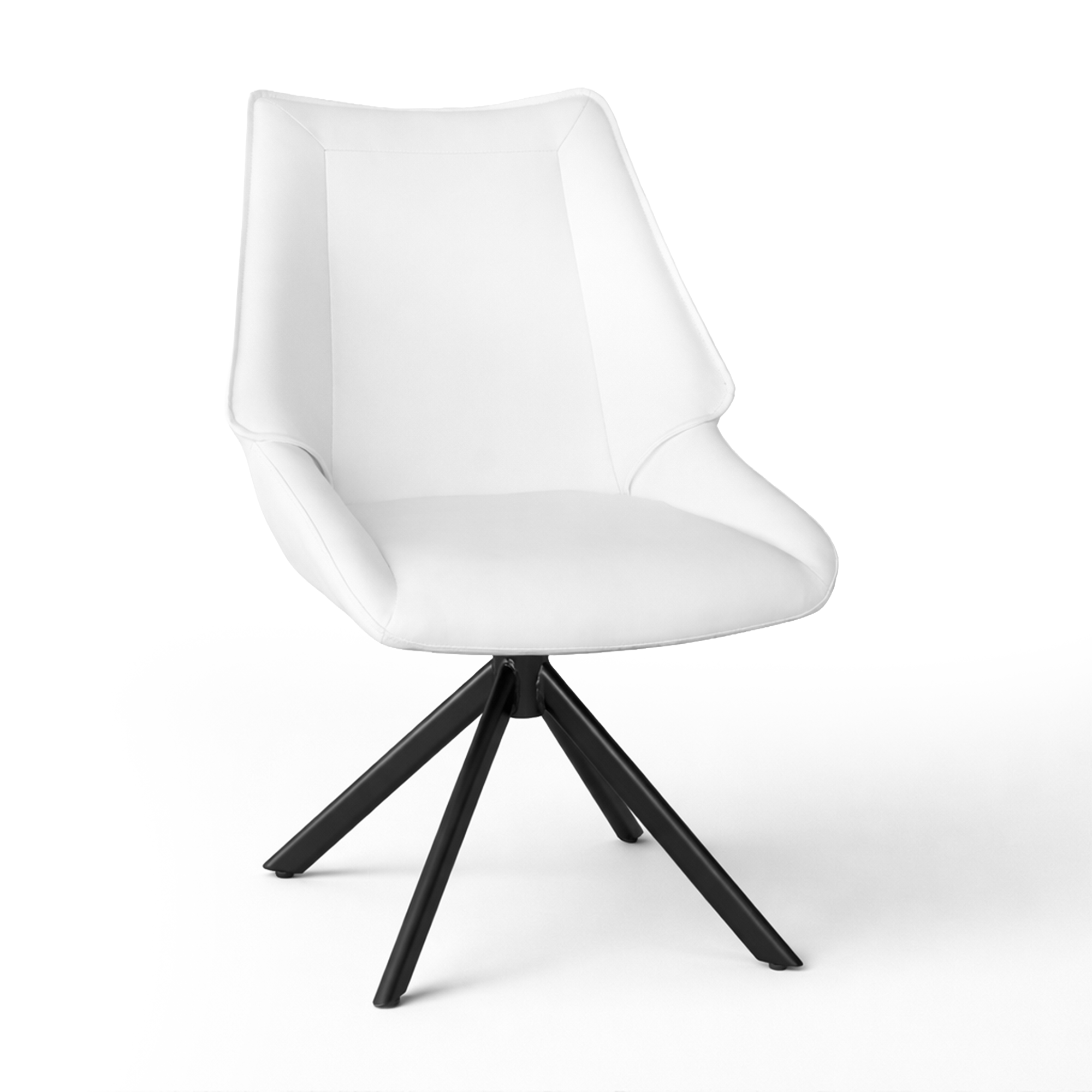 Dining chair, white PU polyurethane, black metal pedestal star base, three-quarter view, Edmonton, Alberta