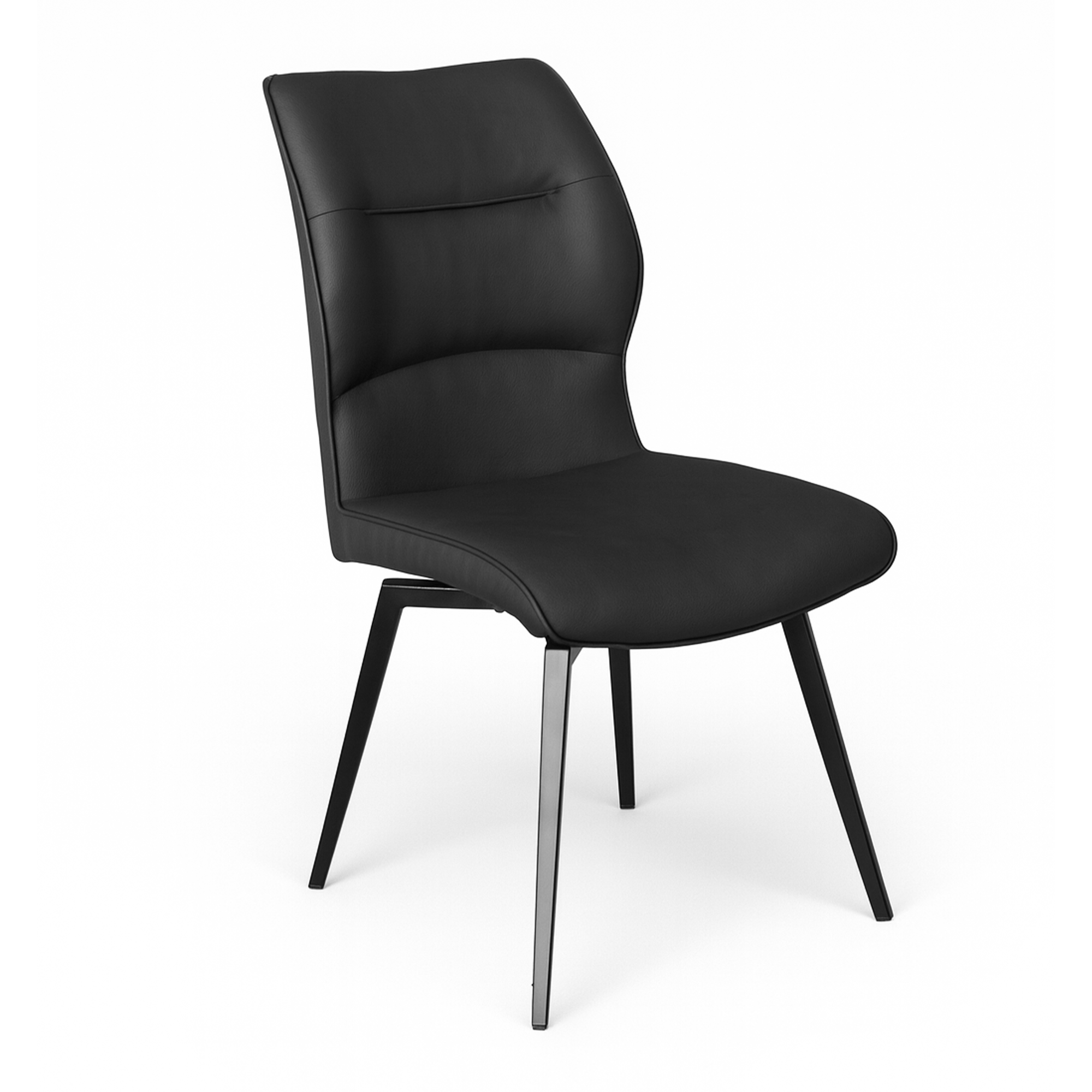 Black PU polyurethane swivel dining chair with black powder coated legs, three-quarter view.