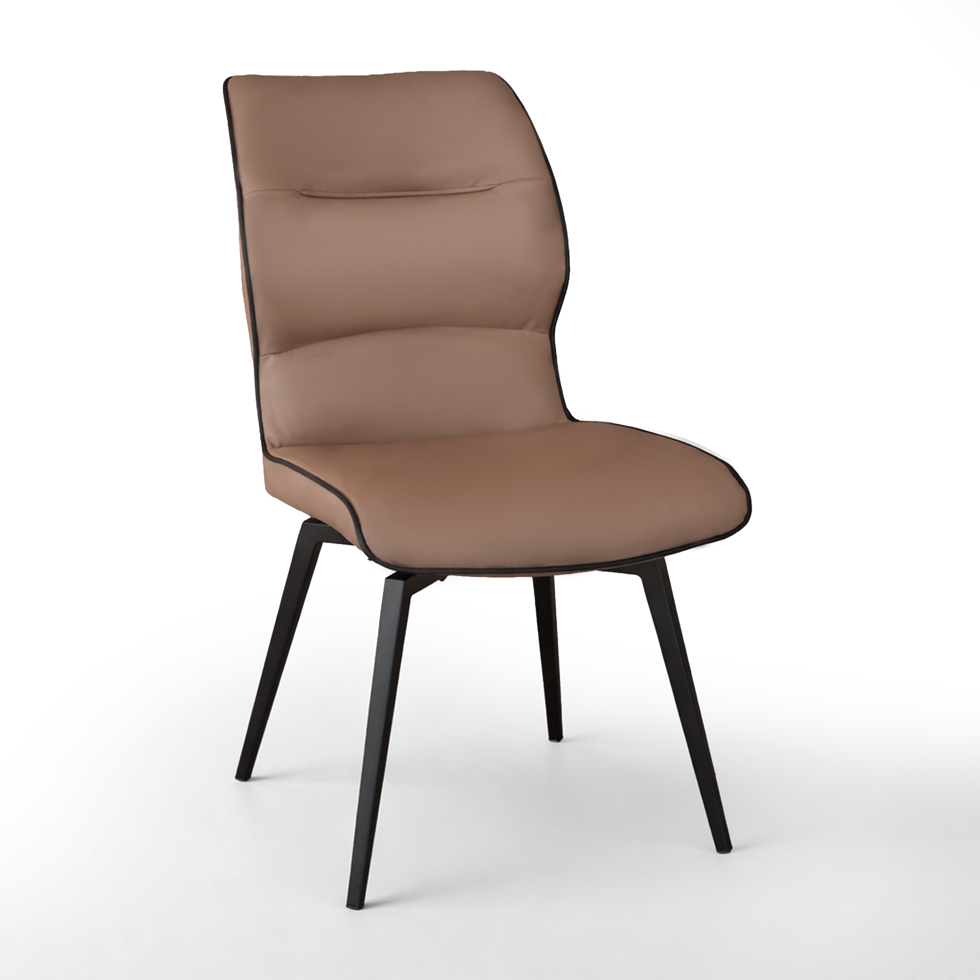 Dining chair, brown, PU polyurethane, black metal legs, angled front view