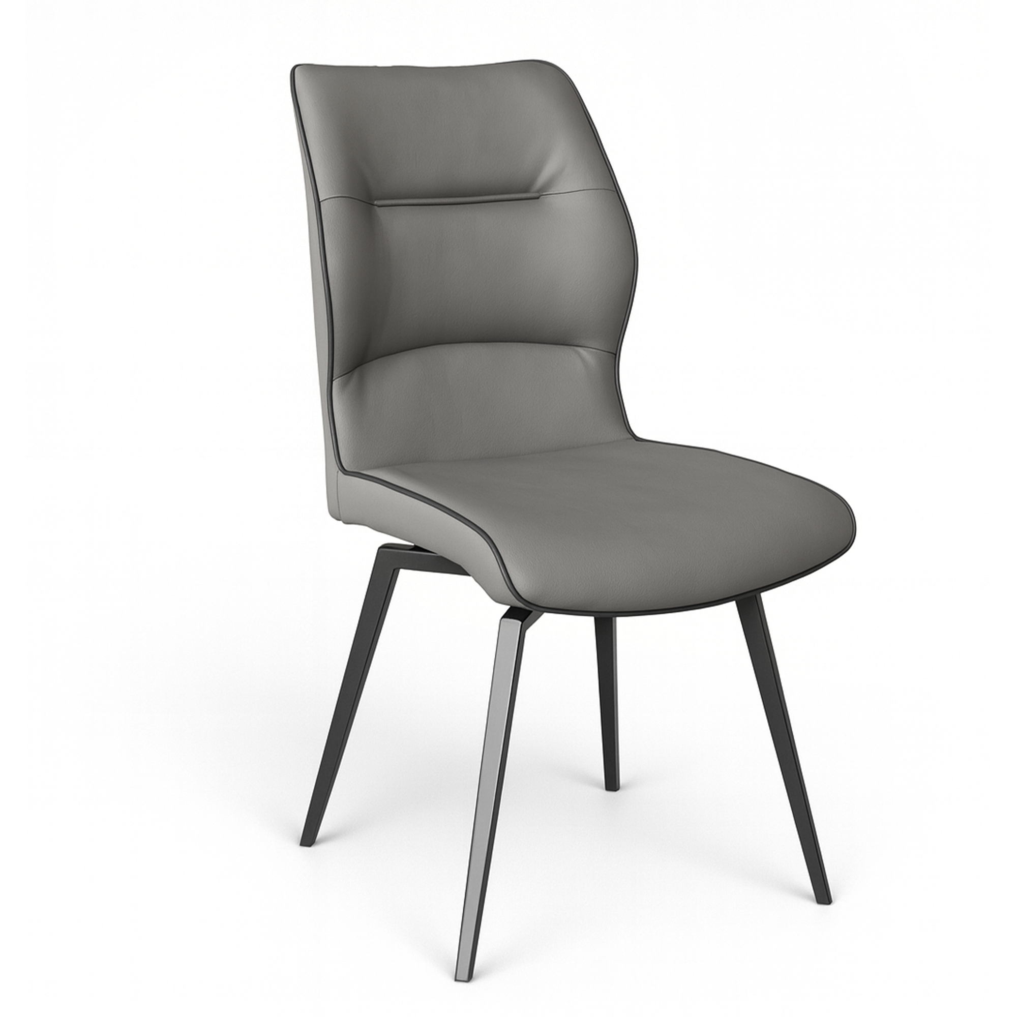 Grey PU polyurethane swivel dining chair with black metal legs, three-quarter view.