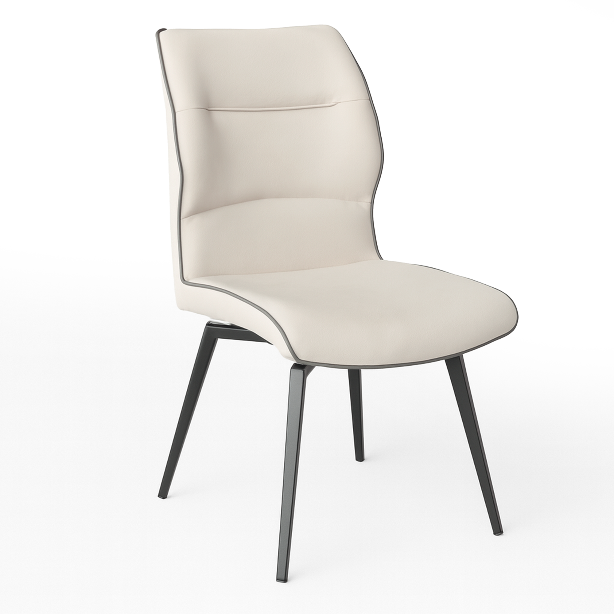 Dining chair in cream PU polyurethane with black metal legs and 180-degree swivel, angled view, Edmonton, Alberta