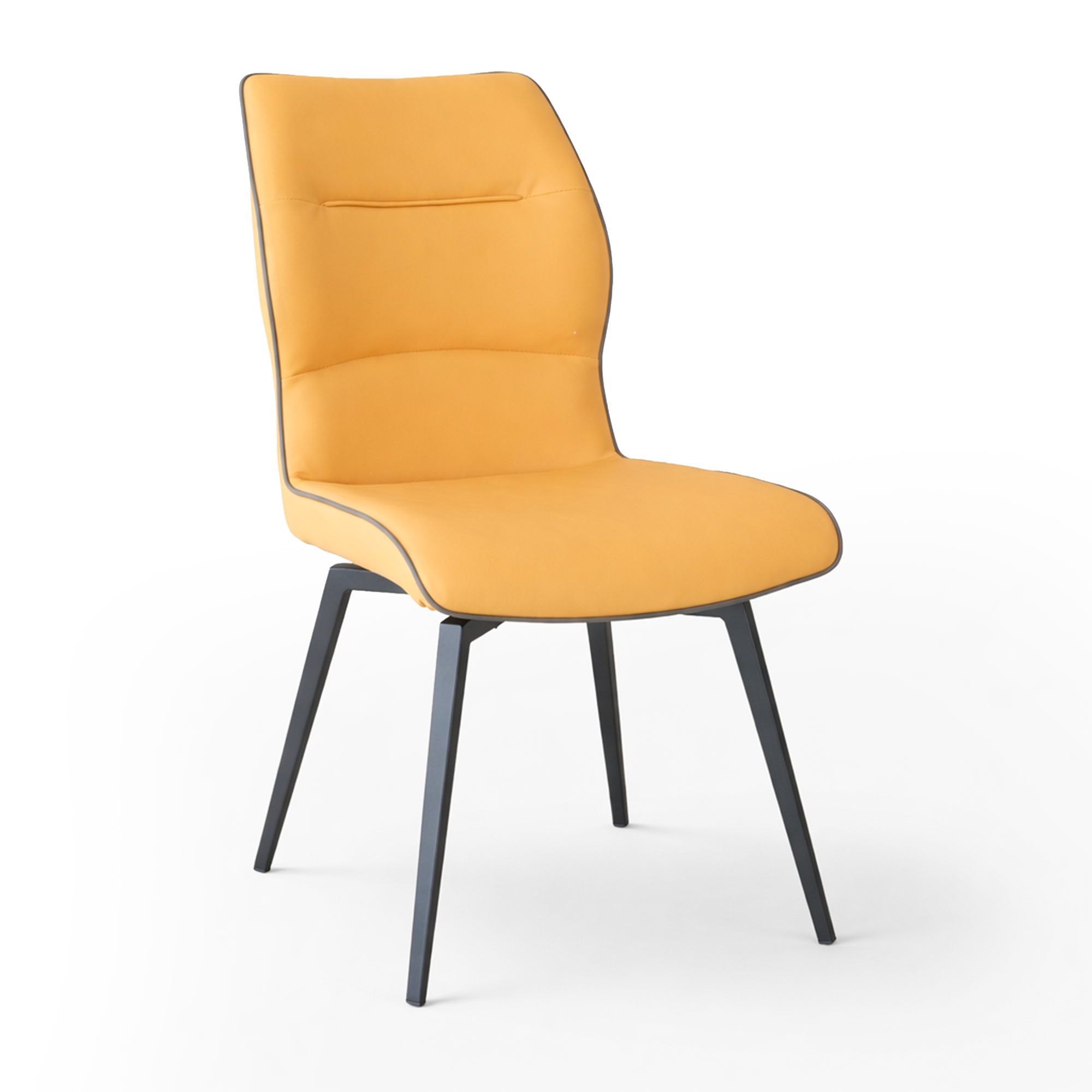 three quarter turn of a tan faux leather swivel dining chair with dark grey piping, a contoured backrest, and tapered black metal legs.