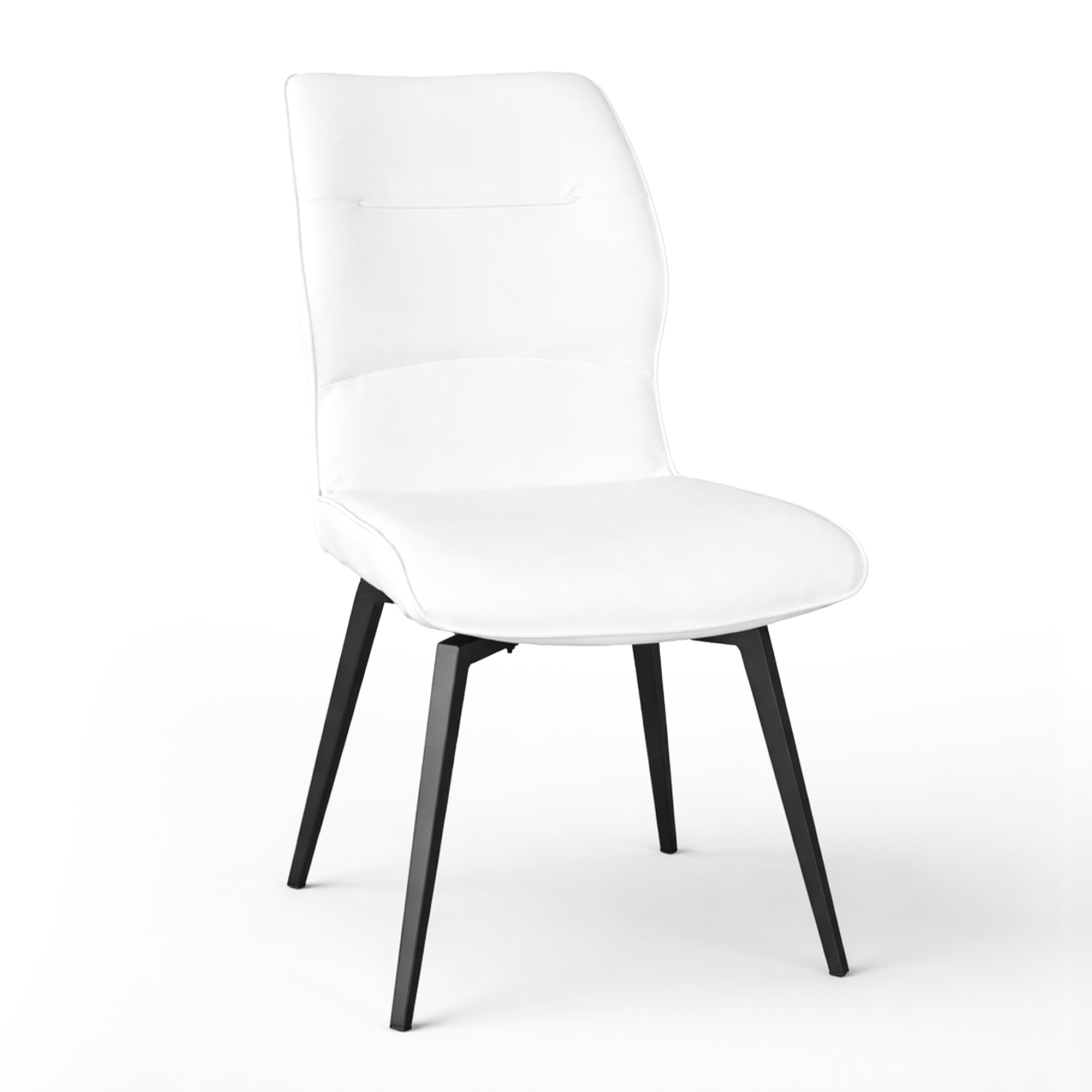 Dining chair, white PU polyurethane, horizontal stitching, black metal legs, three-quarter view
