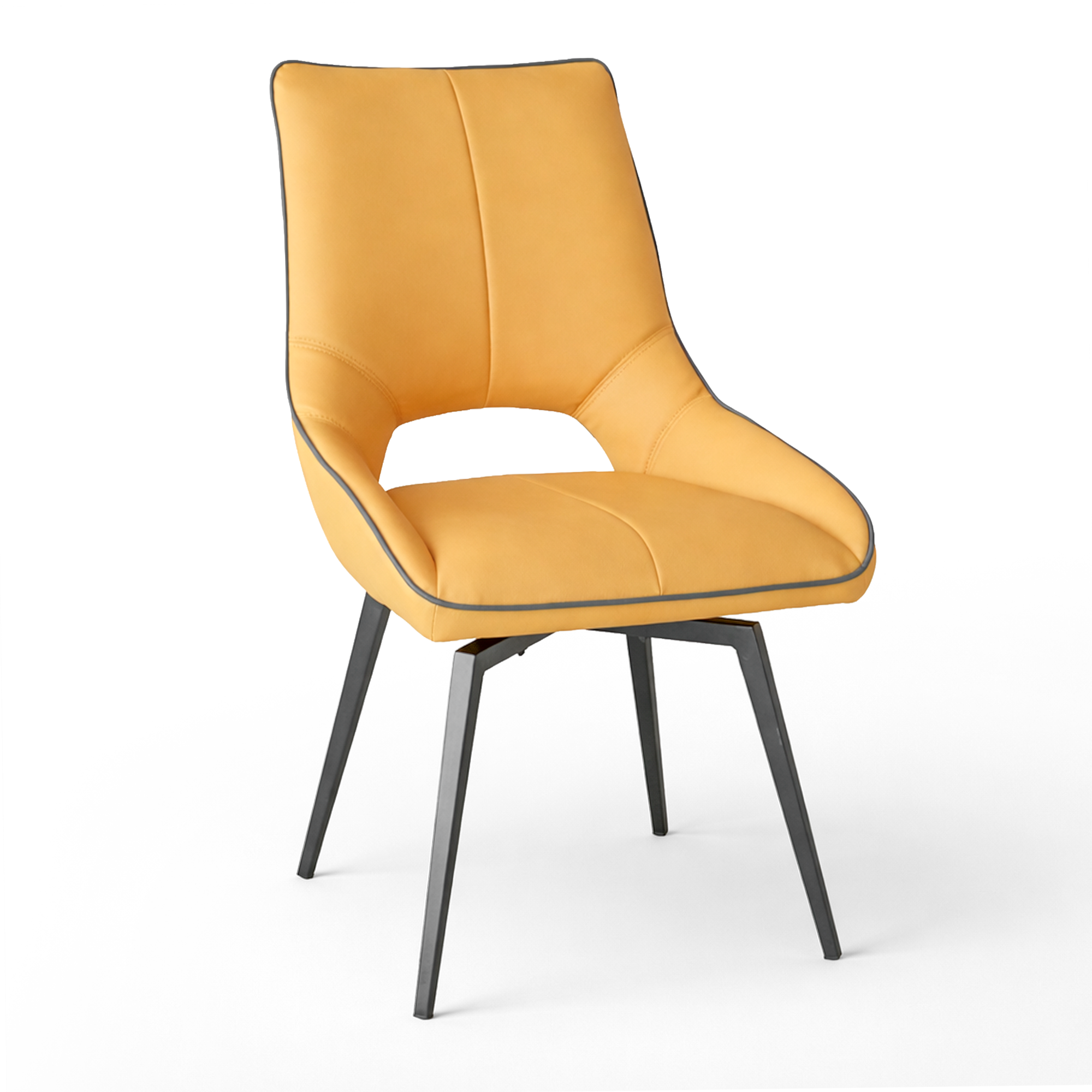 Dining chair, yellow, PU polyurethane, 180° swivel, black splayed legs, three-quarter view
