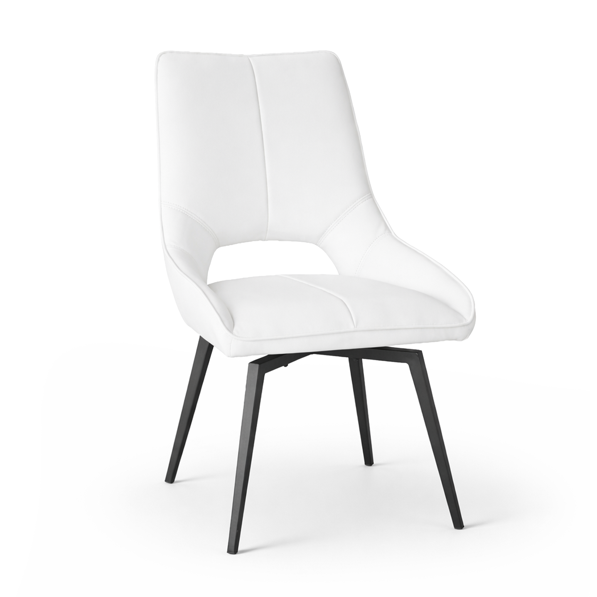 Dining chair, white, PU polyurethane, 180° swivel, black splayed legs, three-quarter view