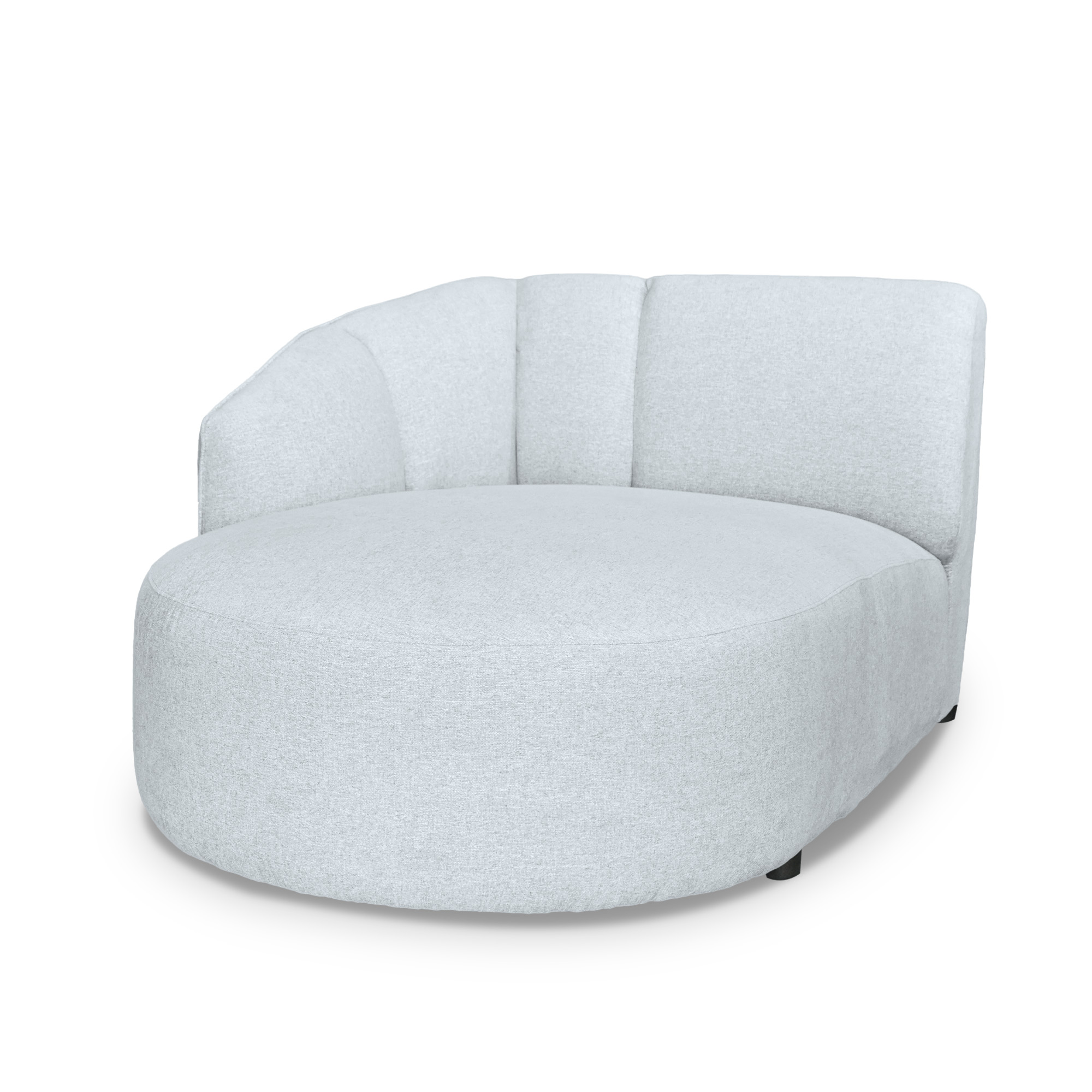 Perspective studio views of a modular armless chair unit and a rounded "cuddle" end piece in light grey textured fabric, designed for infinite configurations in Edmonton, Alberta.
