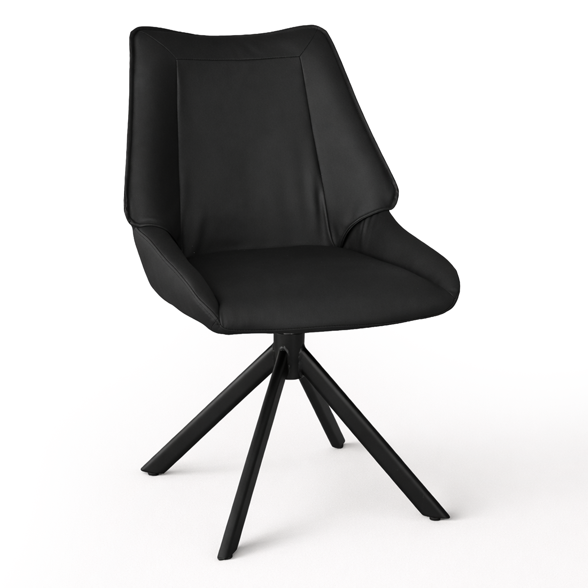 Dining chair, black PU polyurethane, black metal pedestal star base, three-quarter view, Edmonton, Alberta