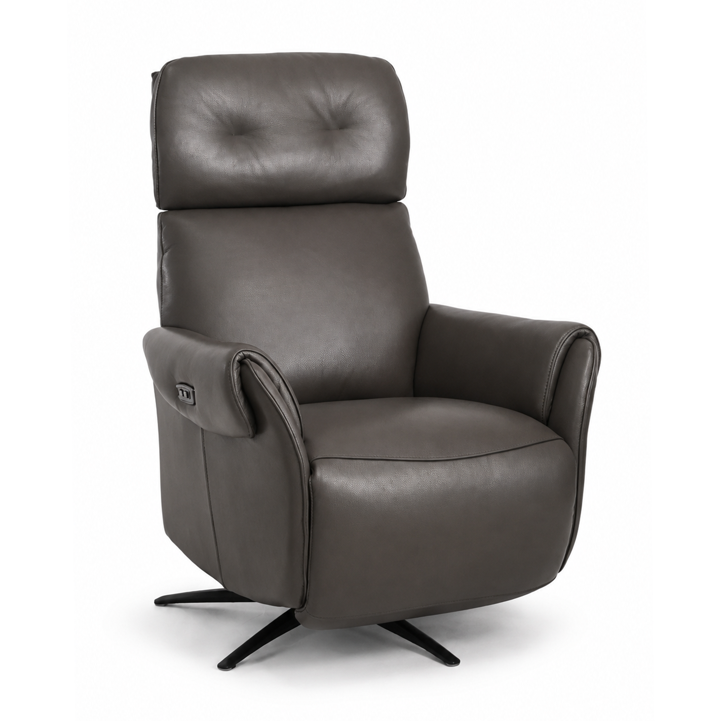 Erice graphite leather recliner armchair in Edmonton with swivel base and black powder-coated legs