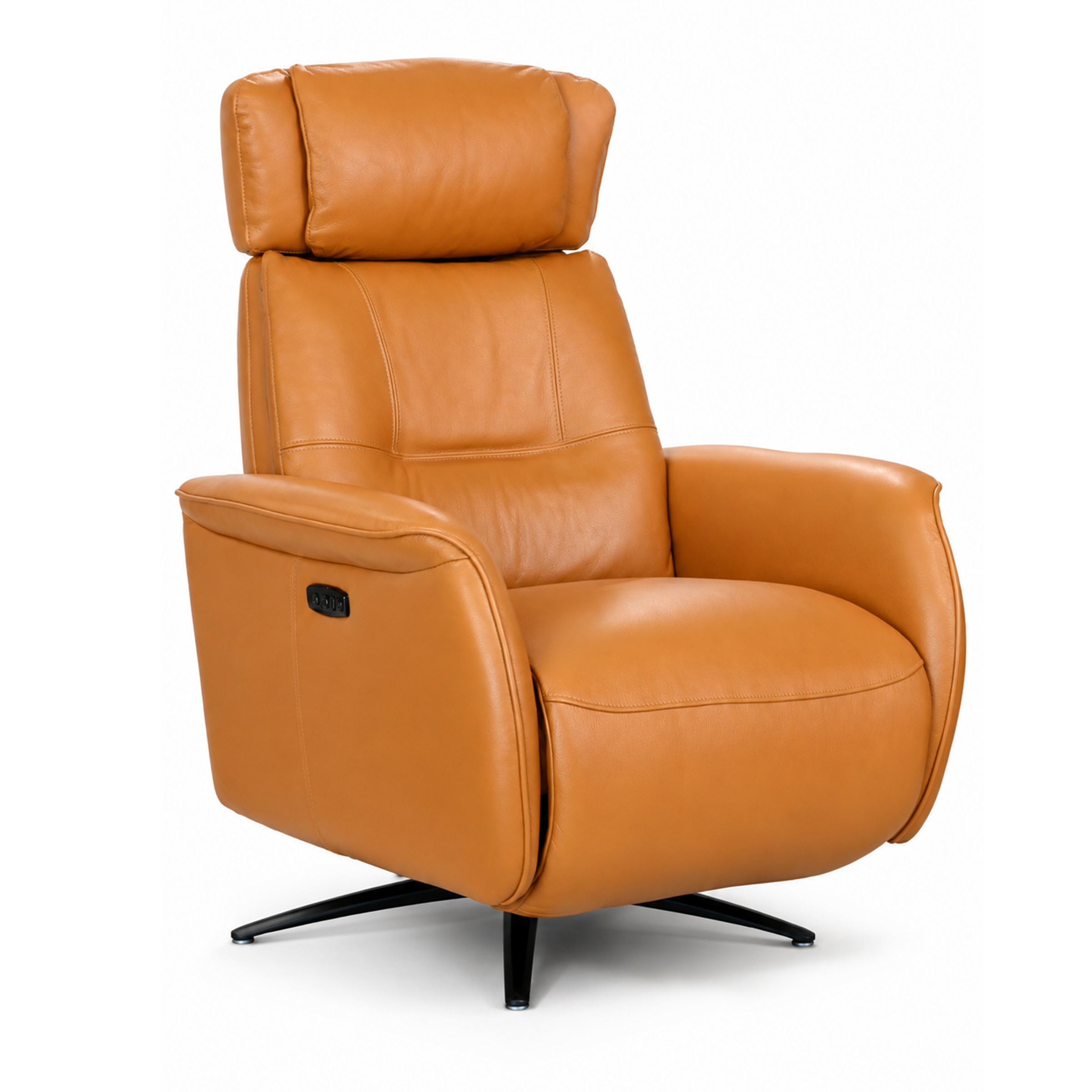 Loretto golden oak leather recliner armchair in Edmonton with swivel base and warm top-grain leather