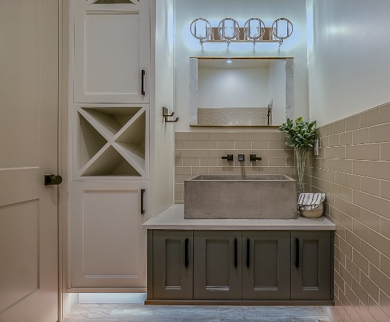 Big vessel sink and smart bathroom storage ideas in Edmonton, AB