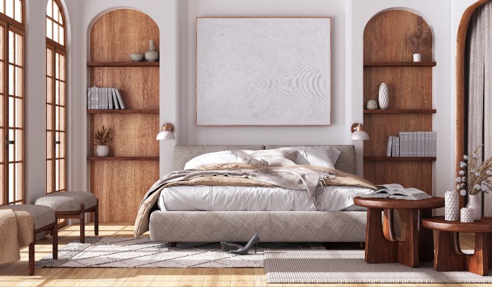 Contemporary wooden bedroom with parquet and arched windows in Edmonton, AB