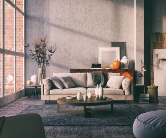 Edmonton living room with a modern design, featuring a comfy sofa, stylish rug, and unique art pieces