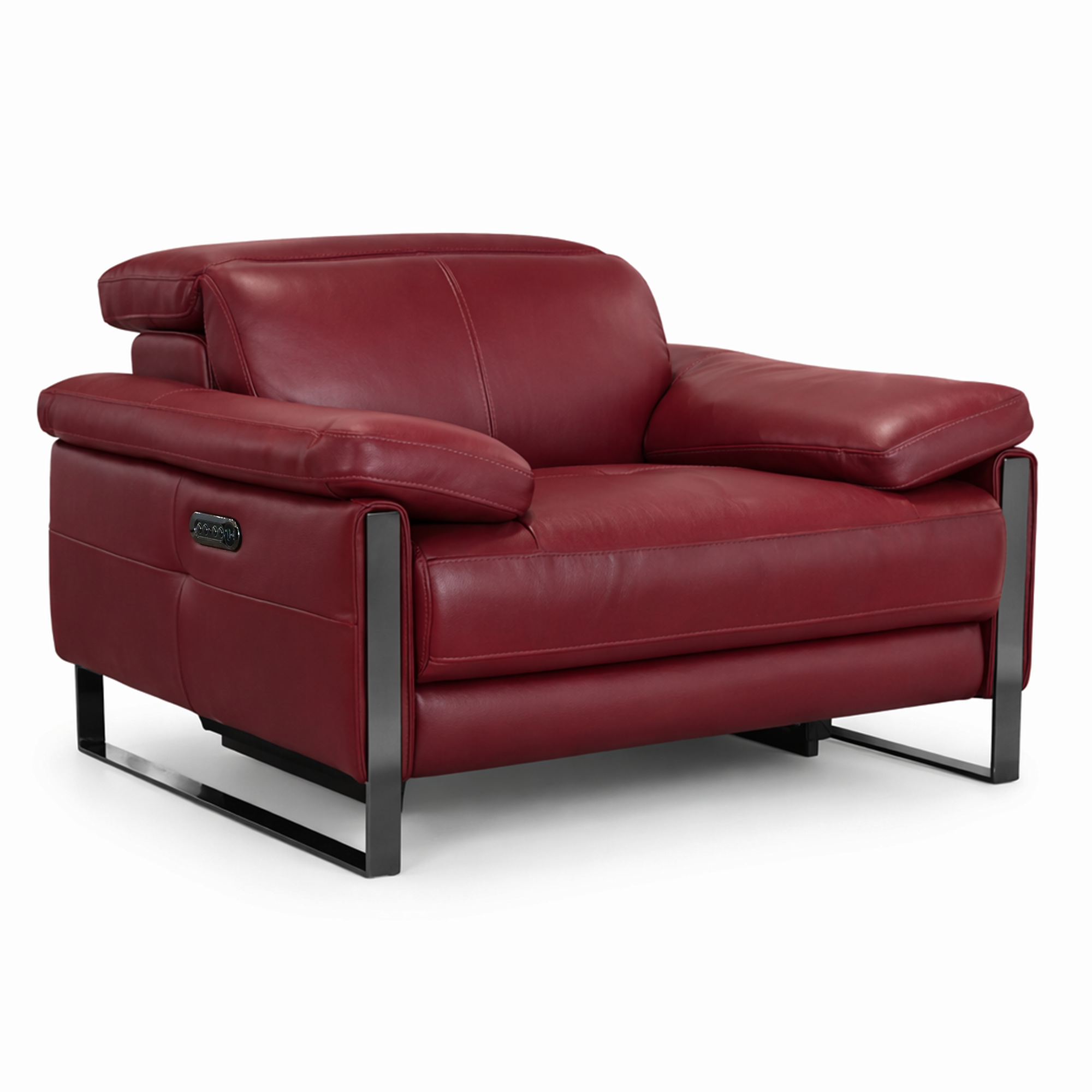 Red top grain leather reclining chair with chrome sled legs and track arms on white background.
