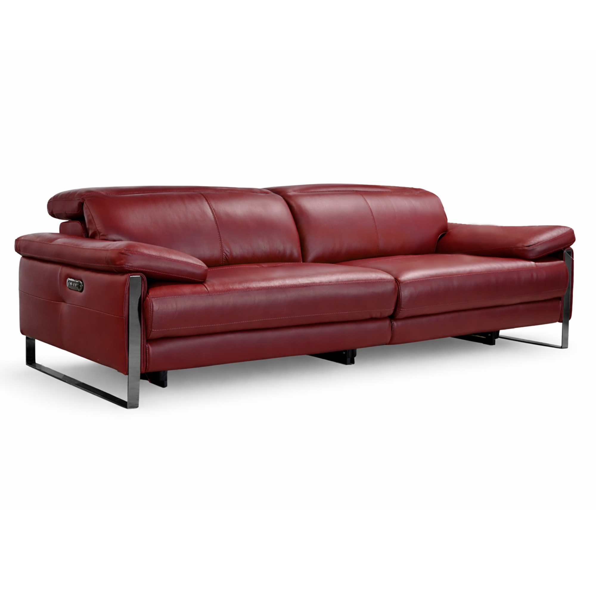 Red top grain leather sofa featuring contemporary chrome sled legs and track arms on white background.