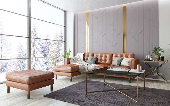 Modern Living Room with Leather Furniture and Winter View in Edmonton, AB