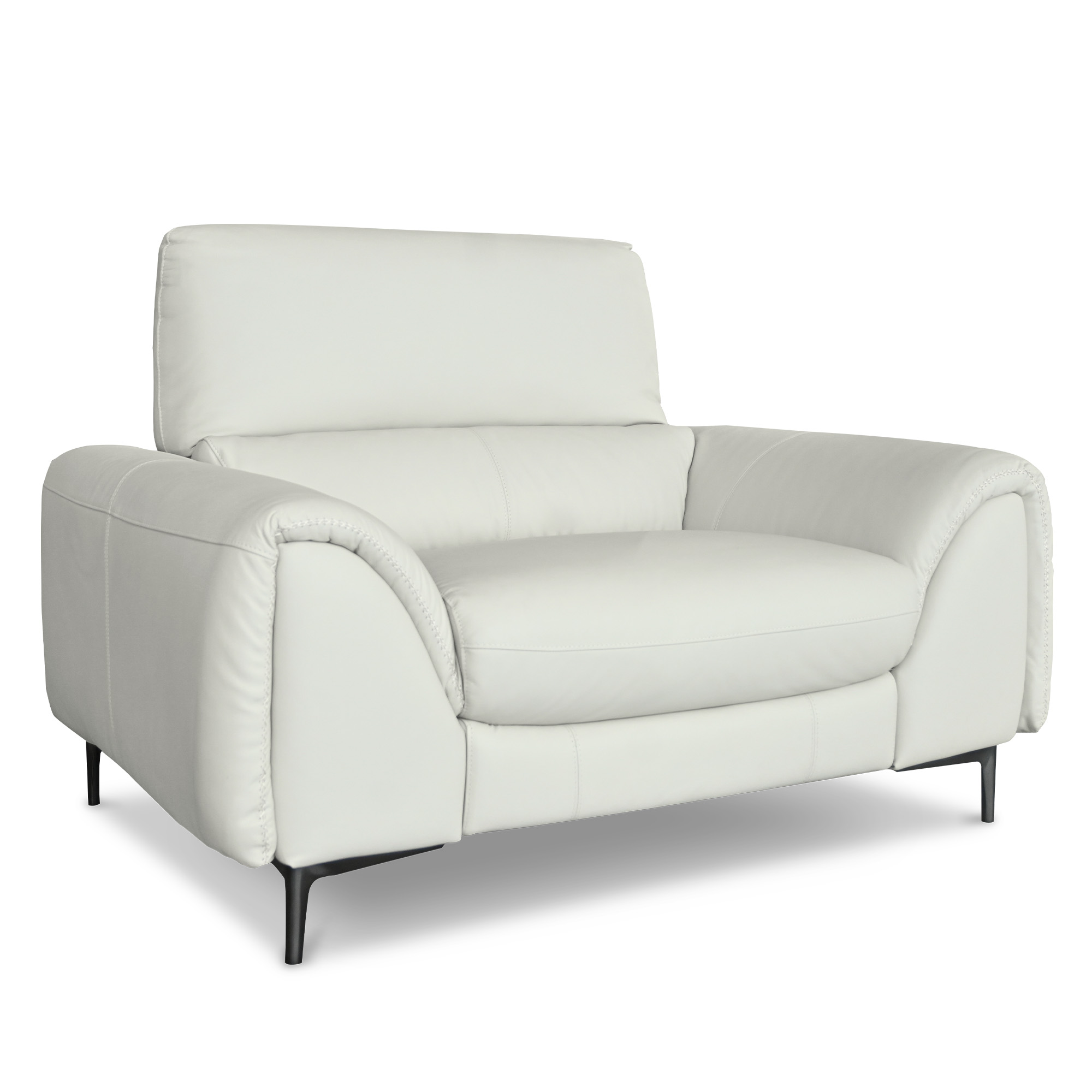 Angled view of a white leather armchair at Mobler Furniture in Edmonton, AB