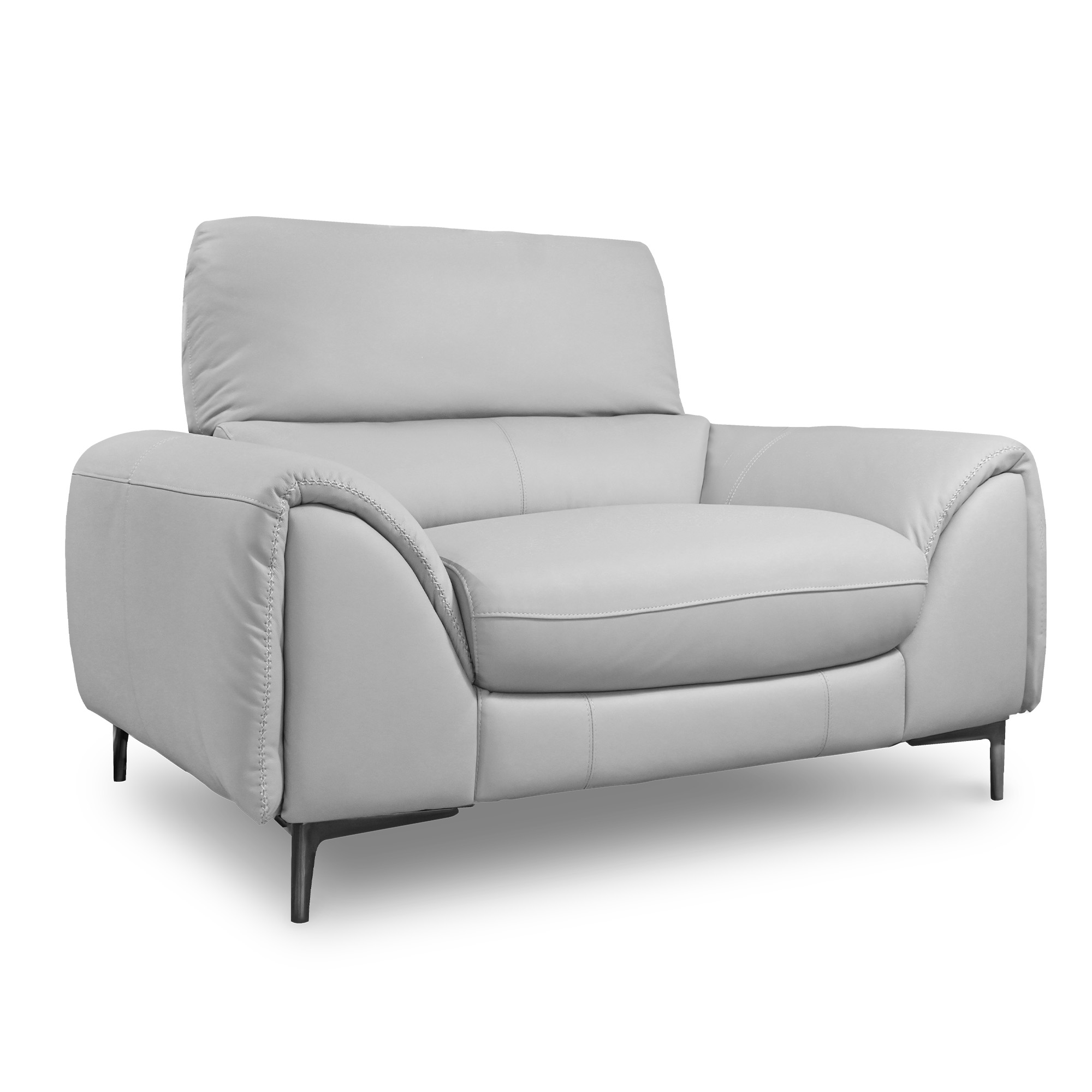 Angled view of a light grey leather armchair at Mobler Furniture in Edmonton, AB