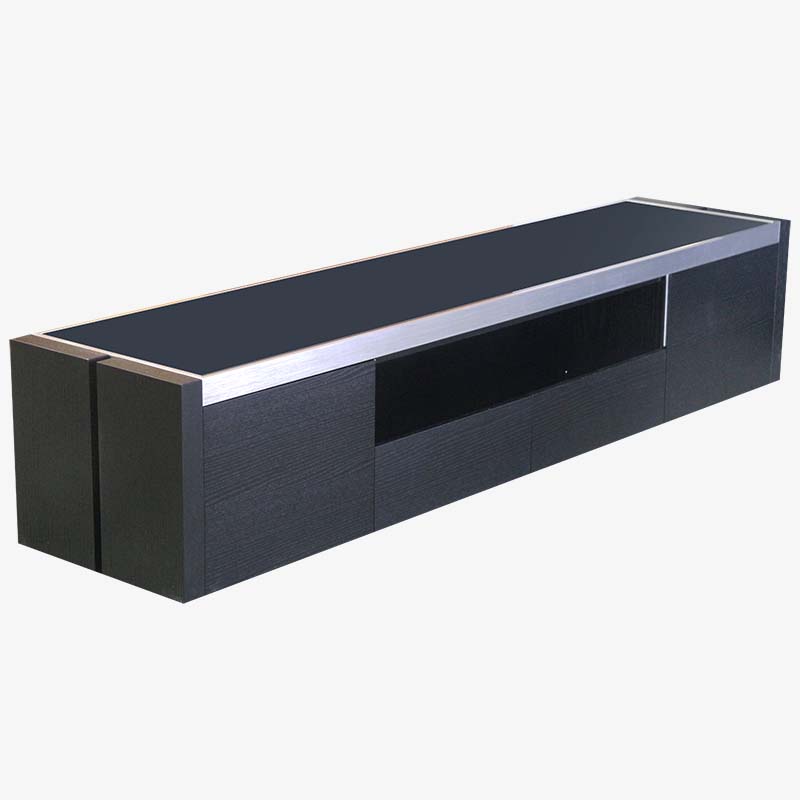 Sleek black and silver TV stand with a glass surface, available at Mobler Furniture in Edmonton, CA