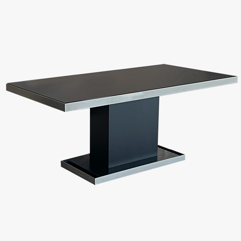 Black and white depiction of a Black Oak table with a metal base, located in Edmonton, CA