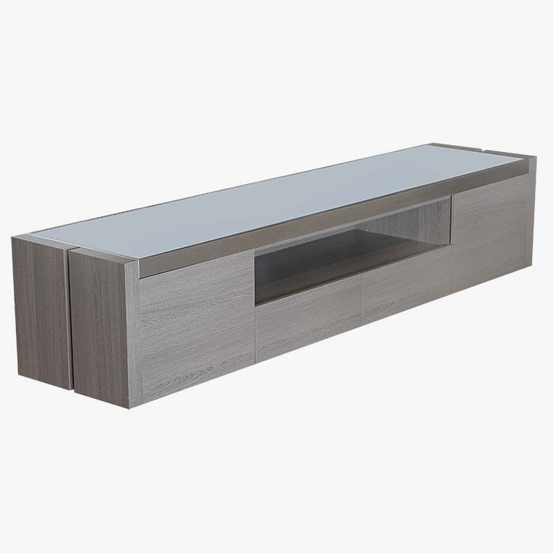 Modern grey oak TV stand with glass top and wooden shelves, at Mobler Furniture in Edmonton, CA