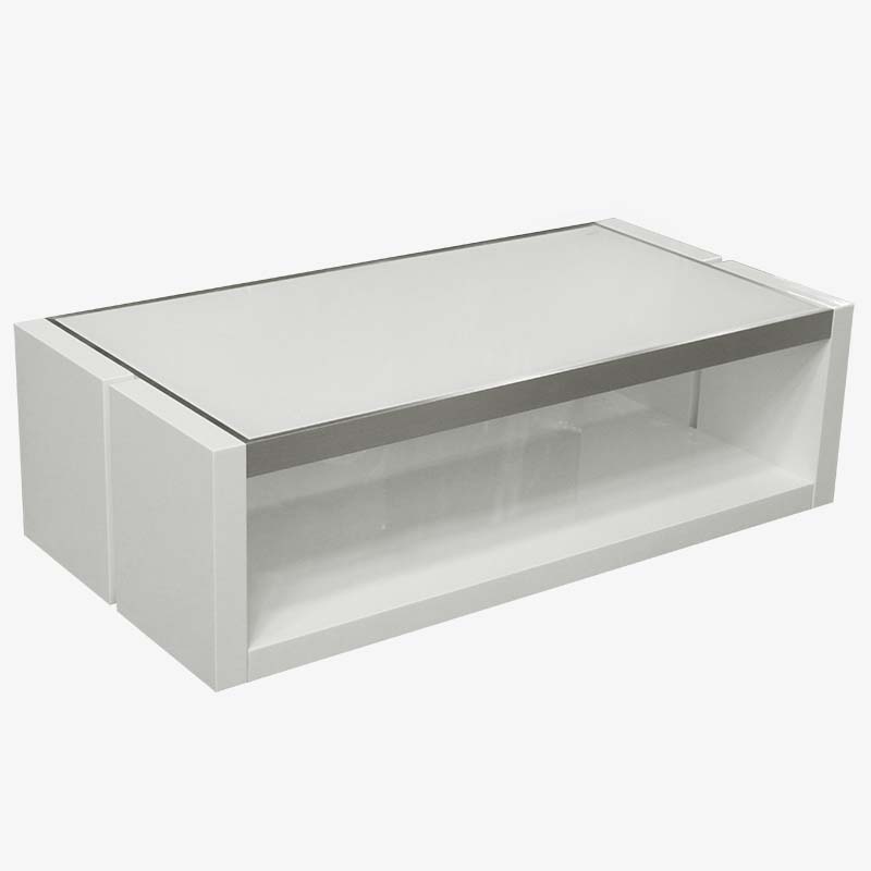 A white coffee table with a glass shelf, displayed at Mobler Furniture in Edmonton, CA