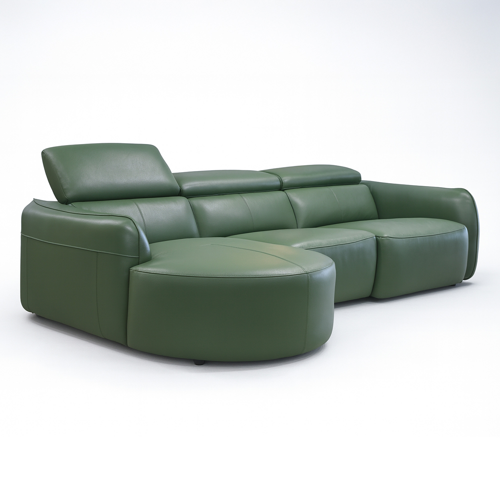 Green top grain leather power reclining sectional with rounded chaise, headrest raised, angled view, Edmonton, Alberta
