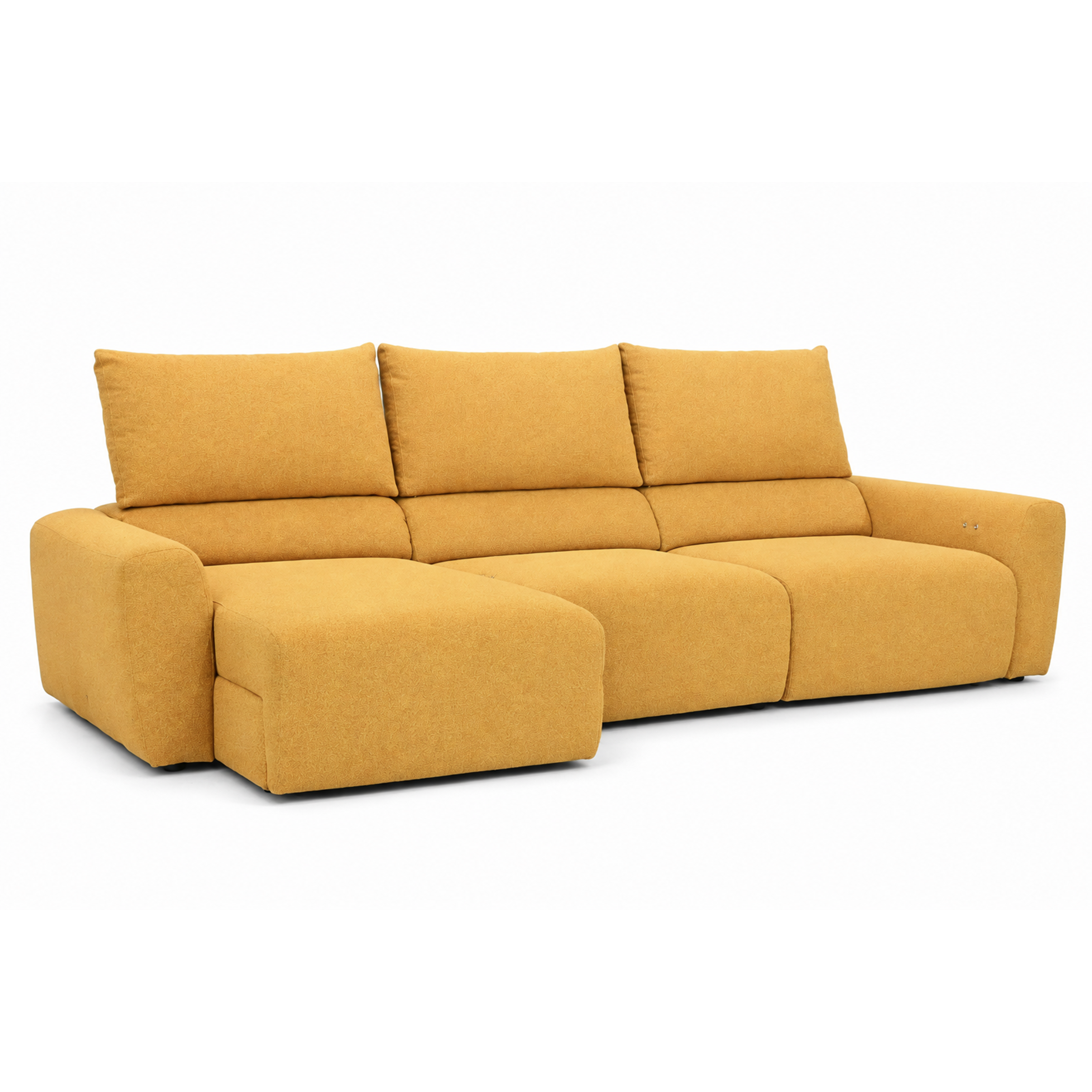Vibo mustard sofa bed sectional in Edmonton with storage chaise, fold-down headrests, and power sliding seats