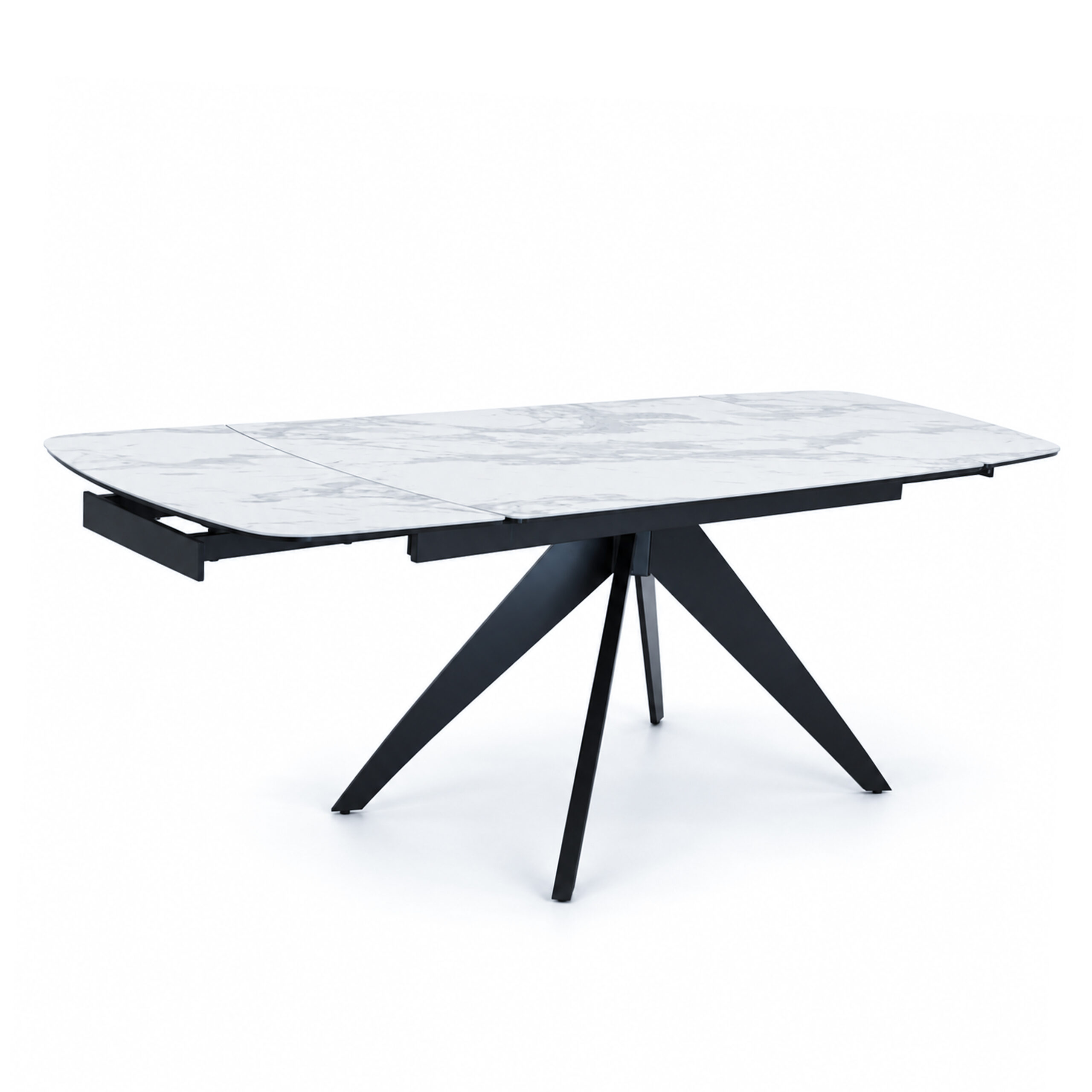 Ortona ceramic extension dining table in Edmonton with marble-look top and black powder-coated legs