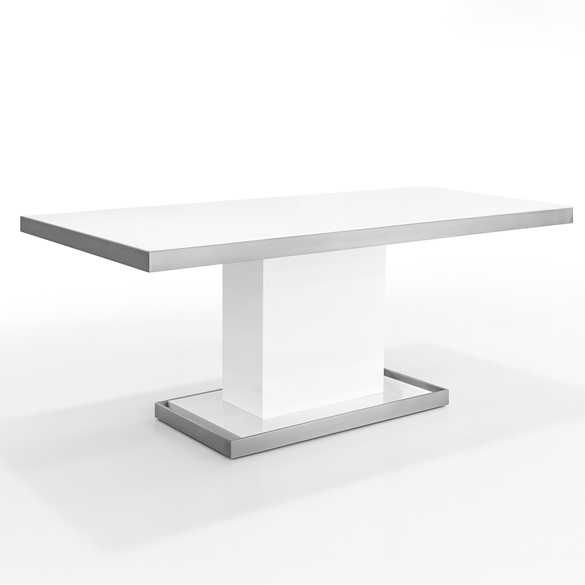 Rectangular dining table, white lacquer with tempered glass top, pedestal base, three-quarter view, Edmonton, Alberta