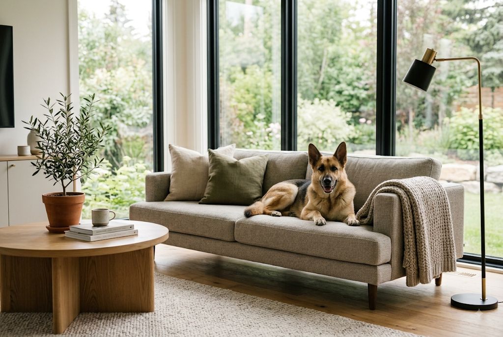 Friendly German Shepherd resting on a modern performance-fabric sofa in a bright Edmonton living room