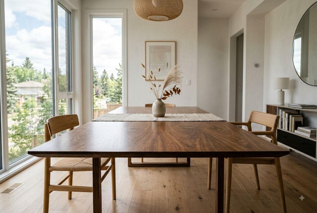 Modern walnut veneer dining table in a bright Edmonton dining room